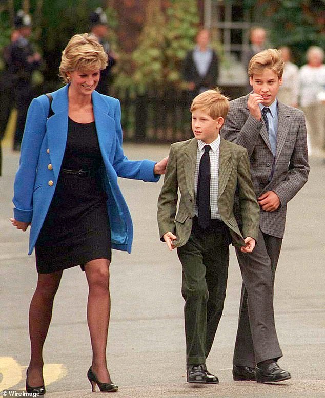 Princess Diana pictured with Prince William and Prince Harry on the Duke of Sussex's first day at Eton College in 1995