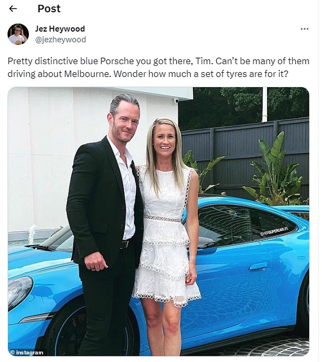 Jez Heywood posted a photo of Mr Gurner from a Daily Mail Australia article, showing him posing for a photo with a business partner in front of a $320,000 Porsche 911 Carrera.