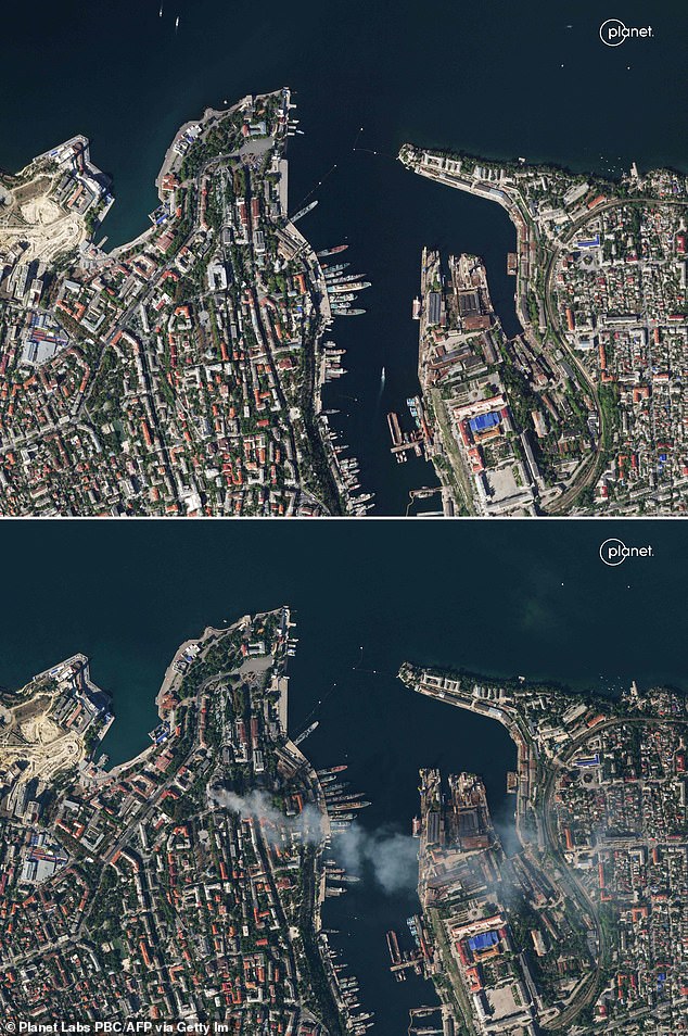 Sevastopol before (top) and after (bottom) a rocket attack struck the headquarters of Moscow's Black Sea Fleet on Friday in a suspected Ukrainian attack deep in Russian-occupied territory