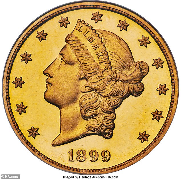 An 1899 $20 gold “double eagle” coin sold for $468,000 the day before.  The coin features a portrait of Lady Liberty's head