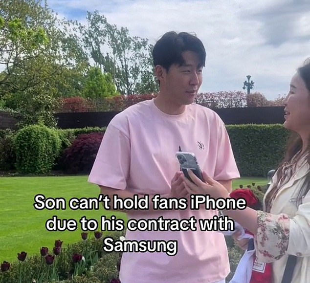 A video on TikTok shows Tottenham star Son Heung-min unable to hold a fan's iPhone to take a selfie due to his contract with Samsung as a brand ambassador