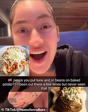 Bhad Bhabie, 20, is left stunned after discovering how Brits serve jacket potatoes