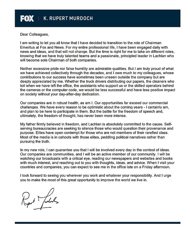 Rupert Murdoch's message to colleagues announcing his departure as chairman of Fox and NewsCorp