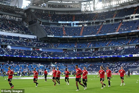 MADRID, SPAIN - SEPTEMBER 20: A general view inside the stadium as FC Union Berlin players warm up before the UEFA Champions League match between Real Madrid CF and 1. FC Union Berlin at the 'Estadio Alfredo Di Stefano on September 20, 2023 in Madrid, Spain.  (Photo by Gonzalo Arroyo Moreno/Getty Images)