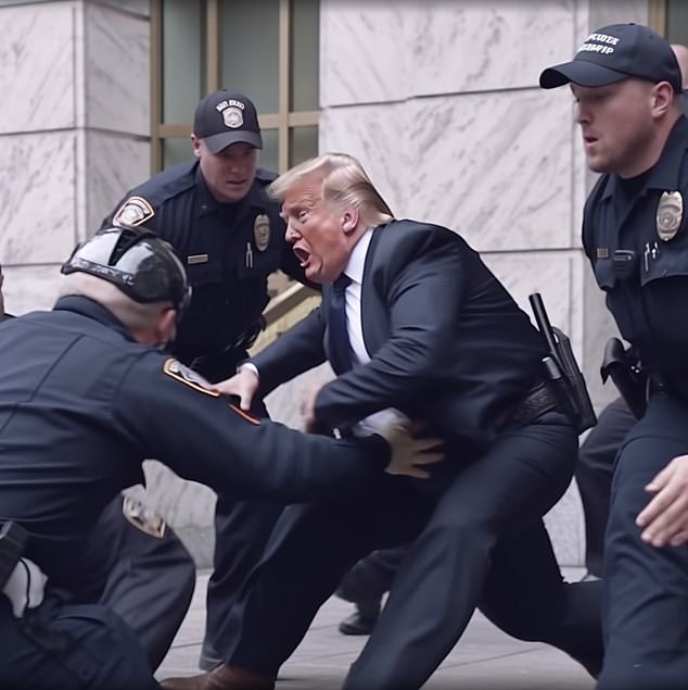 In this image, former United States President Donald Trump looks like he is trying to run away while being arrested by police officers