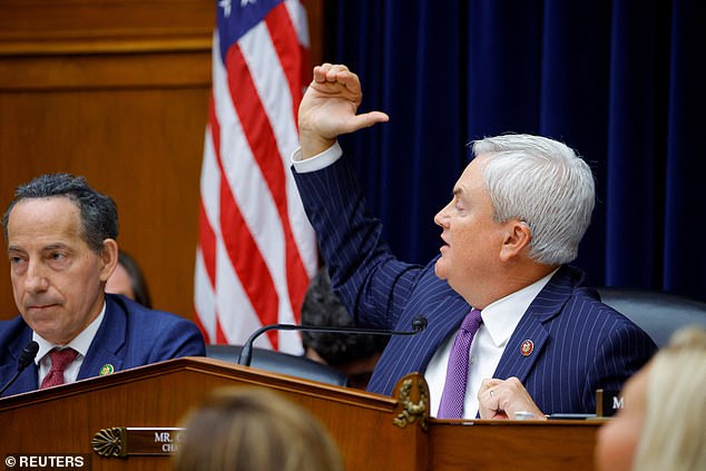 Republicans, led by James Comer (right), kicked off their first impeachment hearing by attacking Joe Biden and trying to tie him to his son's business dealings, while Democrats, led by Jamie Raskin, on the left claimed they had 