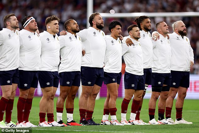 England players sing their national anthem ahead of the Rugby World Cup France 2023 match between England and Argentina at Stade Velodrome on September 9, 2023 in Marseille, France