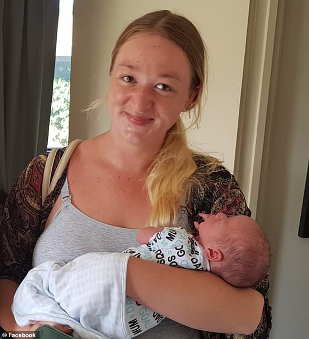 Heartbroken mother Samantha Stephenson (pictured with one of her children in her arms) was led away from the funeral of her five young boys who died in a house fire just seconds after service began on Tuesday.