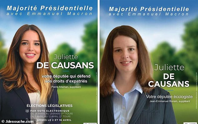 A heavily edited photo of Juliette de Causans appeared on a campaign poster before a second unedited photo of the candidate appeared