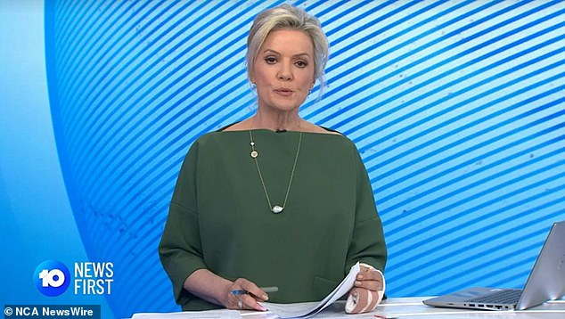 Newsreader Sandra Sully appeared on the air with a bandaged hand.  Image: supplied / channel 10