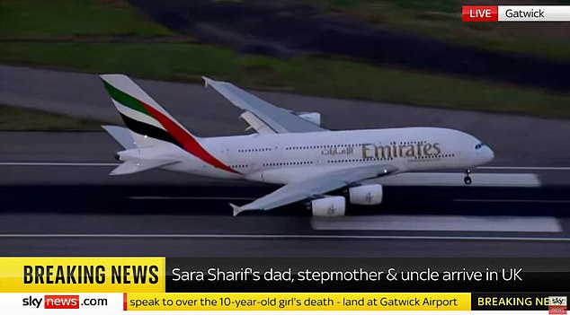 Surrey police officers were expected to board the Emirates A380 Airbus as it taxied to a stop after landing at Gatwick Airport at 7.28pm this evening