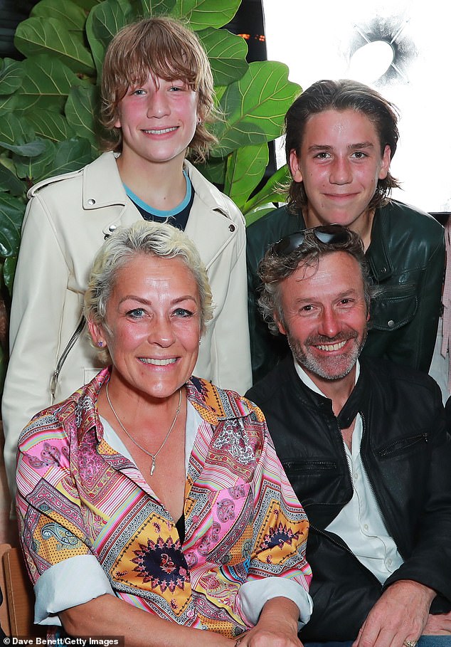 Survivor: Sarah Beeny, 51, beamed during a night out with her family at the Vin + Omi fashion show at One Hundred Shoreditch on Monday as she recovers from a double mastectomy amid her battle with breast cancer.  Clockwise from top right: