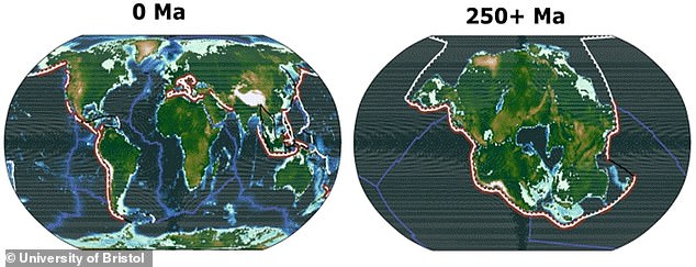 Image shows the geography of the current Earth (left) and the expected geography of the Earth in 250 million years, when all continents merge into one supercontinent (Pangea Ultima)