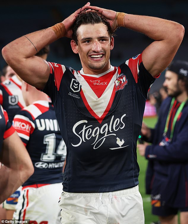 Roosters star Billy Smith (pictured) has been portrayed as a thug by Rabbitohs supporters online after his animated post-try celebration on Friday that involved a security guard