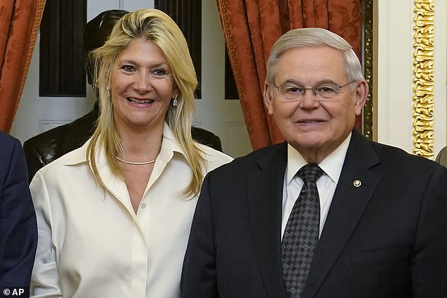 Pictured: Sen. Bob Menendez, D-N.J., right, and his wife Nadine Arslanian.  According to a criminal complaint, the New Jersey senator Googled “How much is one pound of gold worth?”  after returning home from a trip to Egypt in October 2021