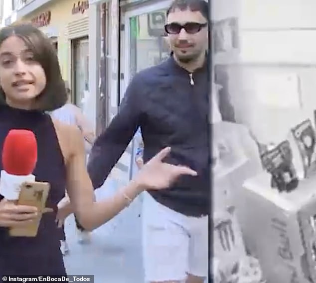 This is the shocking moment Spanish television journalist Isa Balado (left) was accosted and sexually assaulted by a man today while reporting live from Madrid