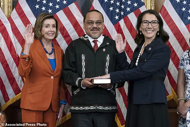 Eugene 'Buzzy' Peltola Jr.  (center), 57, was the only person aboard the plane that crashed on September 12, about 60 miles northeast of the small western Alaska community of St. Mary's.  He is pictured with his wife Mary (right) and Speaker of the House Nancy Pelosi in September 2022