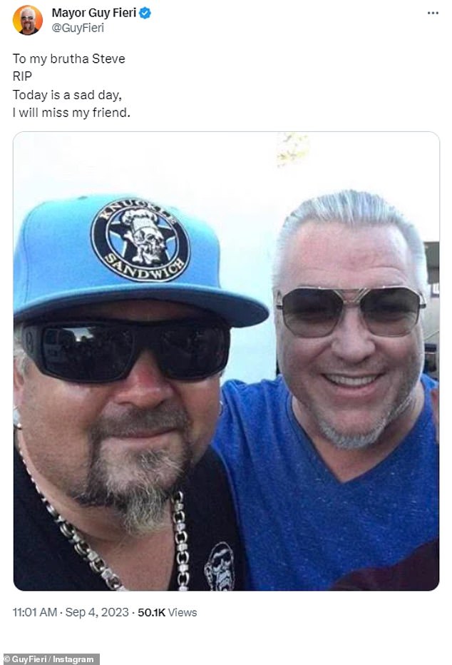 Saying goodbye: Guy Fieri joined the members of NSYNC in paying tribute to the late Smash Mouth lead singer Steve Harwell following his death on Monday at the age of 56 from liver failure following years of alcohol abuse