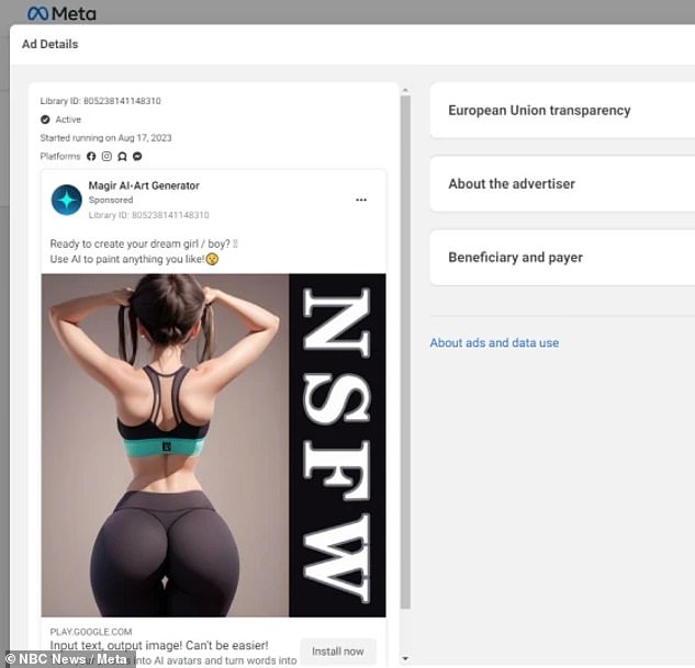 Social media giant Meta has created an ad library that allows users, the public, regulators and academics to track the ads placed on their platforms, including Instagram and Facebook.  Above one of the snappy, tricky new AI sex bot ads as posted in Meta's ad library