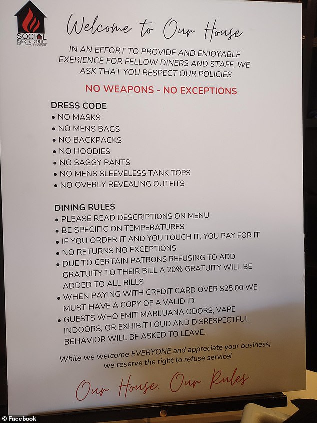 Pictured: The dress code and dining policy that Social Bar & Grill Soulard issued to their customers.  The board is placed outside the bar window and on an easel near the guest stand