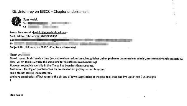 The end of Mr Kosiek's career came after he sent an email to a 'large number of recipients' after inadvertently pressing 'Reply all'.  The email was only intended for his union manager