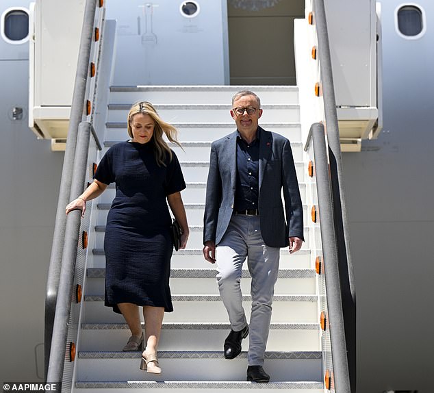 Anthony Albanese (seen here with girlfriend Jodie Haydon) will be criss-crossing Asia for a series of summits and state visits as the campaign for The Voice to Parliament referendum ramps up