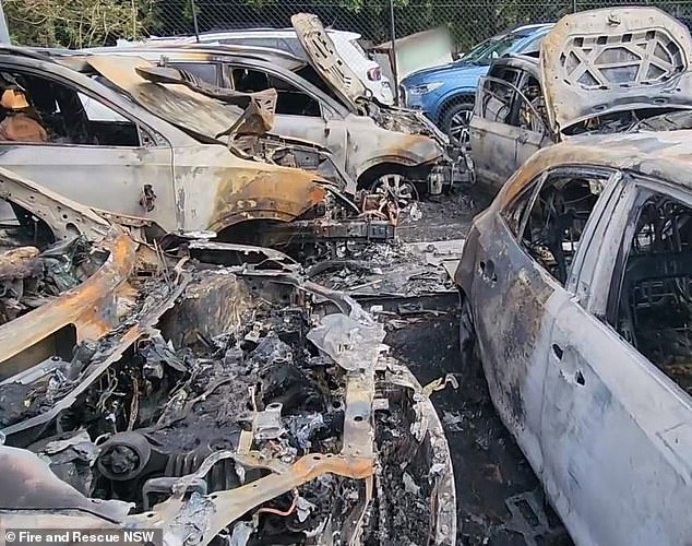 A fire that started in the lithium-ion battery of an electric vehicle has burned out five cars at Sydney Airport