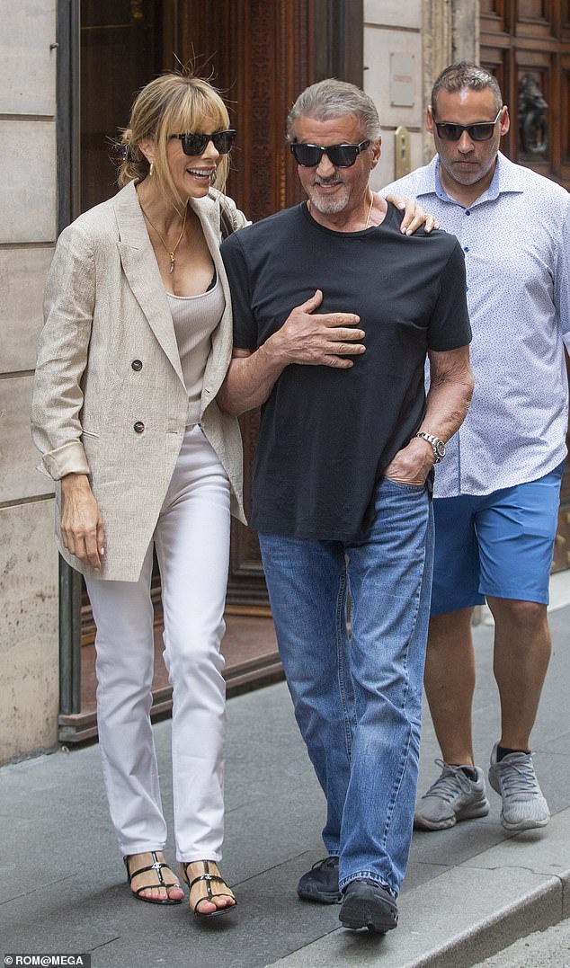 Shopping fun: Sylvester Stallone, 77, and wife Jennifer Flavin, 55, were all smiles during a day of shopping and sightseeing in Rome, Italy that started quietly but eventually turned into a huge crowd looking for a peek and a photo of the Hollywood legend