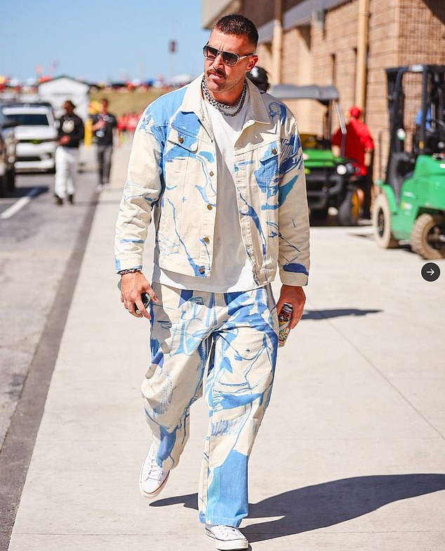 Travis Kelce's outfit was mocked for looking like a painter as he arrived for the Chiefs NFL game against the Bears on Sunday