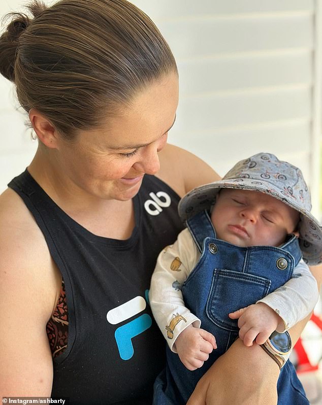 Tennis legend Ash Barty, 27, (left) cuddled up with her two-month-old son Hayden (right) in adorable Instagram photos on Saturday