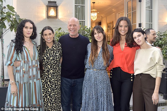 The family: Bruce's daughters Scout and Tallulah showed their support for Emma after the interview (L-R) Rumer Willis, Demi Moore, Bruce Willis, Scout, Emma and Tallulah in 2019