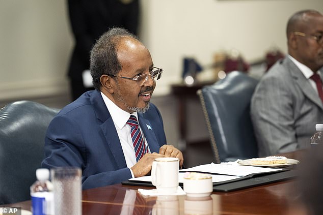 Somali President Hassan Sheikh Mohamud speaks during a meeting with Defense Secretary Lloyd Austin at the Pentagon on Wednesday, June 21, 2023, in Washington