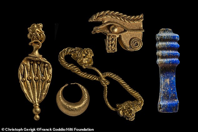 Gold objects, jewelry and a Djed pillar (a symbol of stability and made of the blue stone lapis lazuli) were found near the remains of Heracleion.  They probably date from the 5th century BC