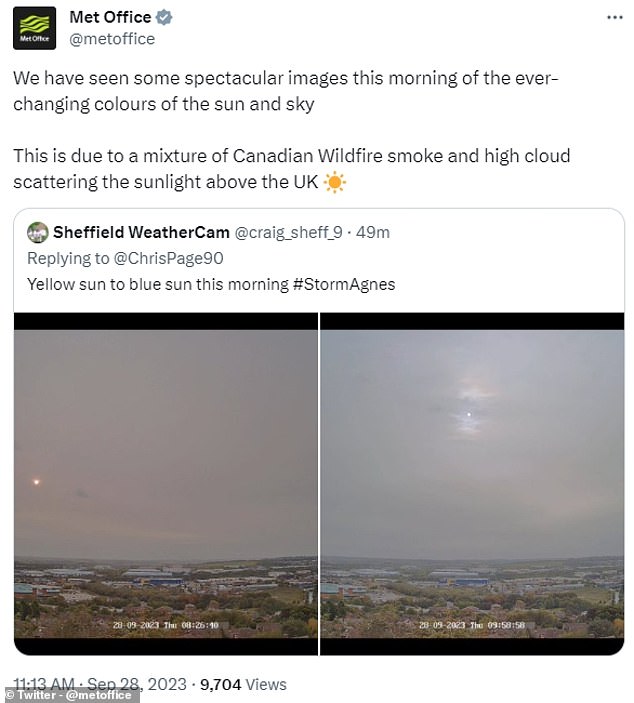 “We saw spectacular images of the ever-changing colors of the sun and sky this morning,” the Met Office tweeted.  'This is due to a mixture of Canadian Wildfire smoke and high clouds scattering sunlight over Britain'