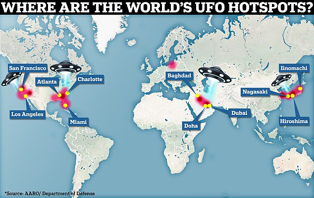 The map shows where the most sightings have been recorded based on reports between 1996 and 2023, citing Japan and the coasts of the US as particular hotspots