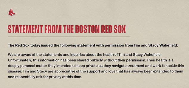 The Red Sox released a statement saying the Wakefields 'respectfully request privacy'