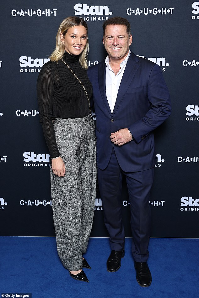 Host Karl Stefanovic today revealed what it was like working with Sean Penn after he made his acting debut in the Stan Original series C*A*U*G*H*T.  Pictured with wife Jasmine on Wednesday