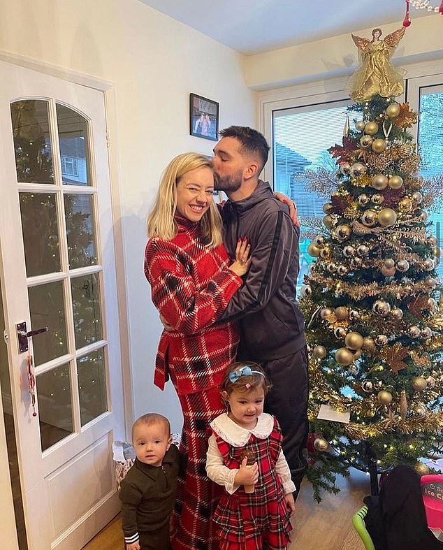 Father-of-two Tom Parker died in March last year aged 33 after an 18-month battle with stage four glioblastoma brain cancer.  Pictured: Tom Parker, Kelsey Parker and their two children due to his death