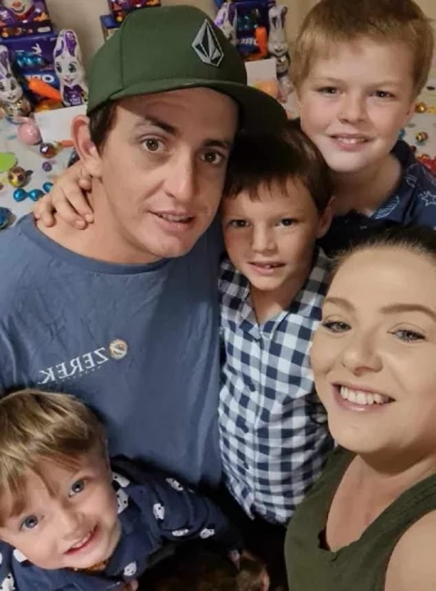 Tradie Ben Harrison (pictured above left with his fiancée, Cristale McCormick, and their three children), 34, has struggled for years with silicosis, a long-term lung disease caused by inhaling unsafe levels of silica dust.