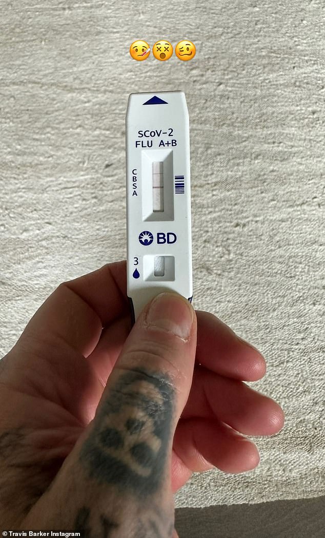 Positive test results: The drummer took to his Instagram Story and shared a photo of just his hand holding up a positive test with three emojis expressing both a feeling of nausea and shock