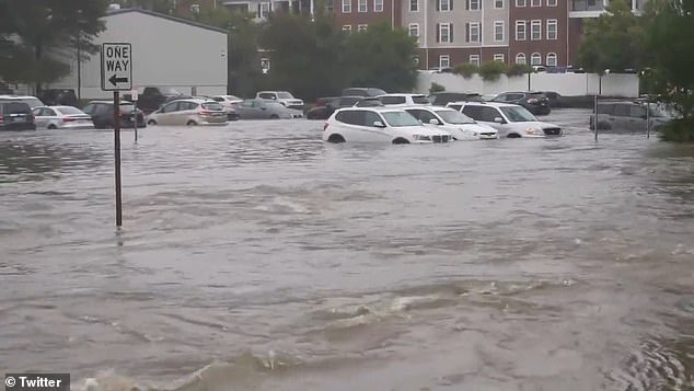 In North Carolina, roads and streets were flooded, preventing cars from driving through the floodwaters.  Yesterday, the National Hurricane Center reported that the storm made landfall near Emerald Isle, North Carolina, just after 6:20 a.m.  The storm had maximum winds of 120 km/h, with sustained winds of 100 km/h