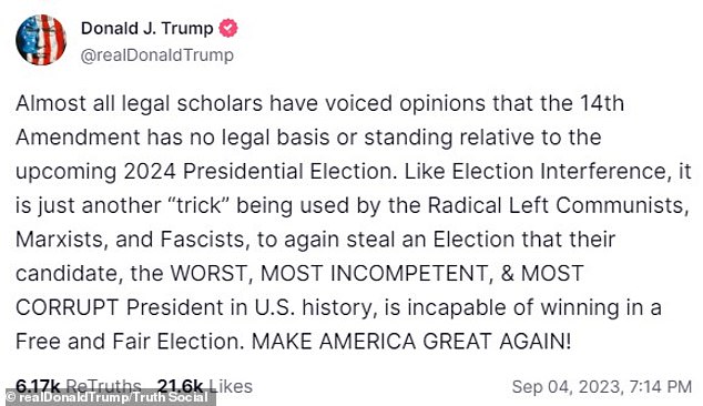 Donald Trump posted on Truth Social Monday night that the argument to use the 14th Amendment to keep him from the 2024 ballot is a Democratic 