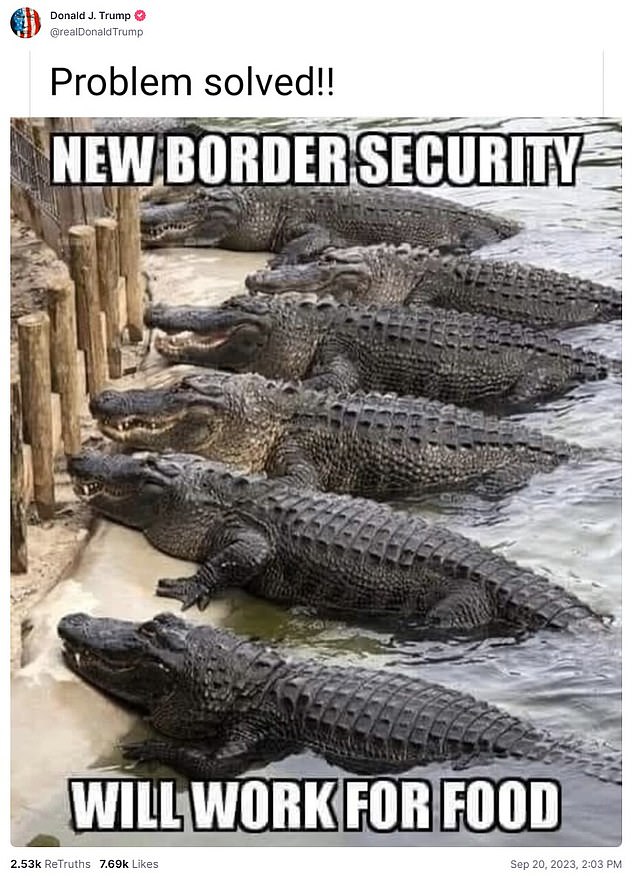 Former President Donald Trump shared a meme Wednesday suggesting that migrants should be fed to alligators.