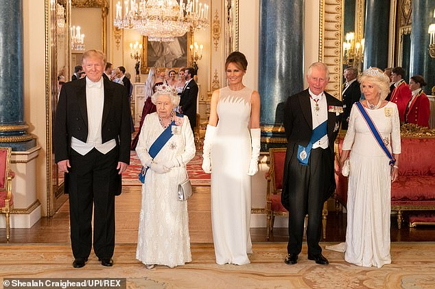 Donald Trump, the Queen, Melania Trump and the then Duke and Duchess of Cornwall at a state banquet at Buckingham Palace in 2019