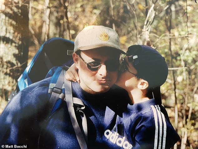 Matt Bocchi (right) as a child with his father John, who died on September 11.  He has criticized Biden's decision not to attend a ceremony at one of the three crash sites