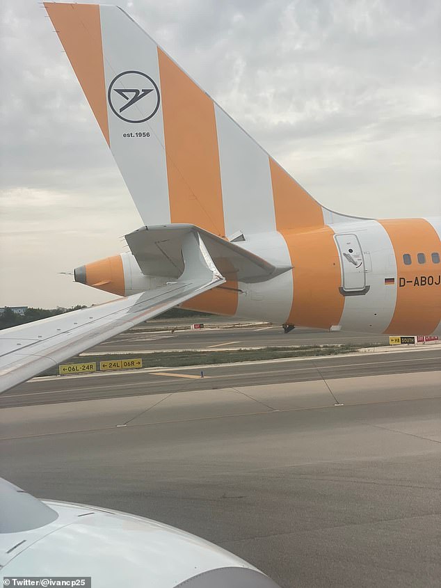 The crash apparently occurred when the Air Europa plane, which had been flying the Barcelona-Palma route, arrived at the terminal and collided with the rear of the Condor plane (pictured), which was stationary and waiting for permission to taxi .