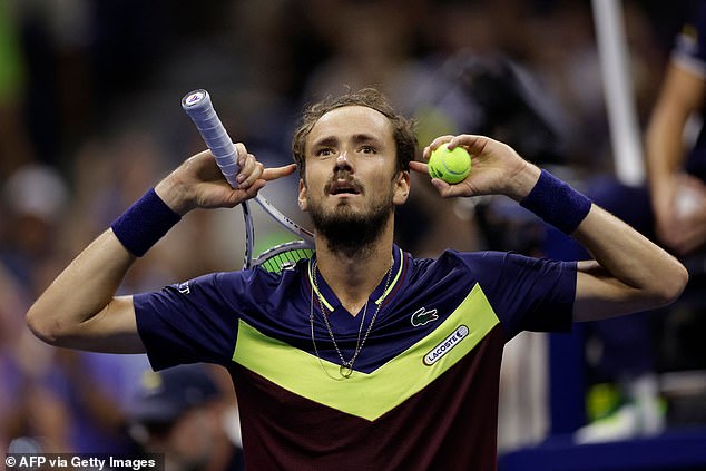 Daniil Medvedev gestures to the crowd after beating Carlos Alcaraz in the semi-finals