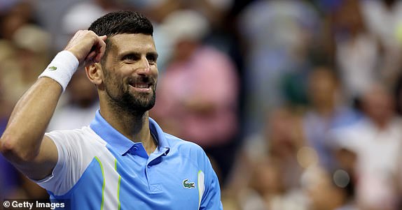 NEW YORK, NEW YORK – SEPTEMBER 08: Novak Djokovic of Serbia celebrates match point against Ben Shelton of the United States during their men's singles semifinal on day twelve of the 2023 US Open at the USTA Billie Jean King National Tennis Center on September 8, 2023 in the Flushing section of the Queens borough of New York City.  (Photo by Clive Brunskill/Getty Images)