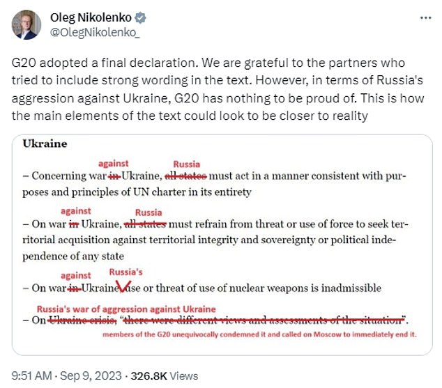 Oleg Nikolenko, a spokesman for the Ukrainian Foreign Ministry, posted edits of the statement to