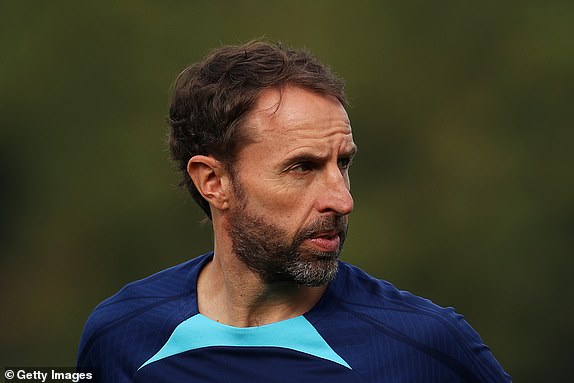 BURTON-UPON-TRENT, ENGLAND - SEPTEMBER 08: England head coach Gareth Southgate looks on during an England men's training session at St Georges Park on September 8, 2023 in Burton-upon-Trent, England.  (Photo by Lewis Storey/Getty Images)